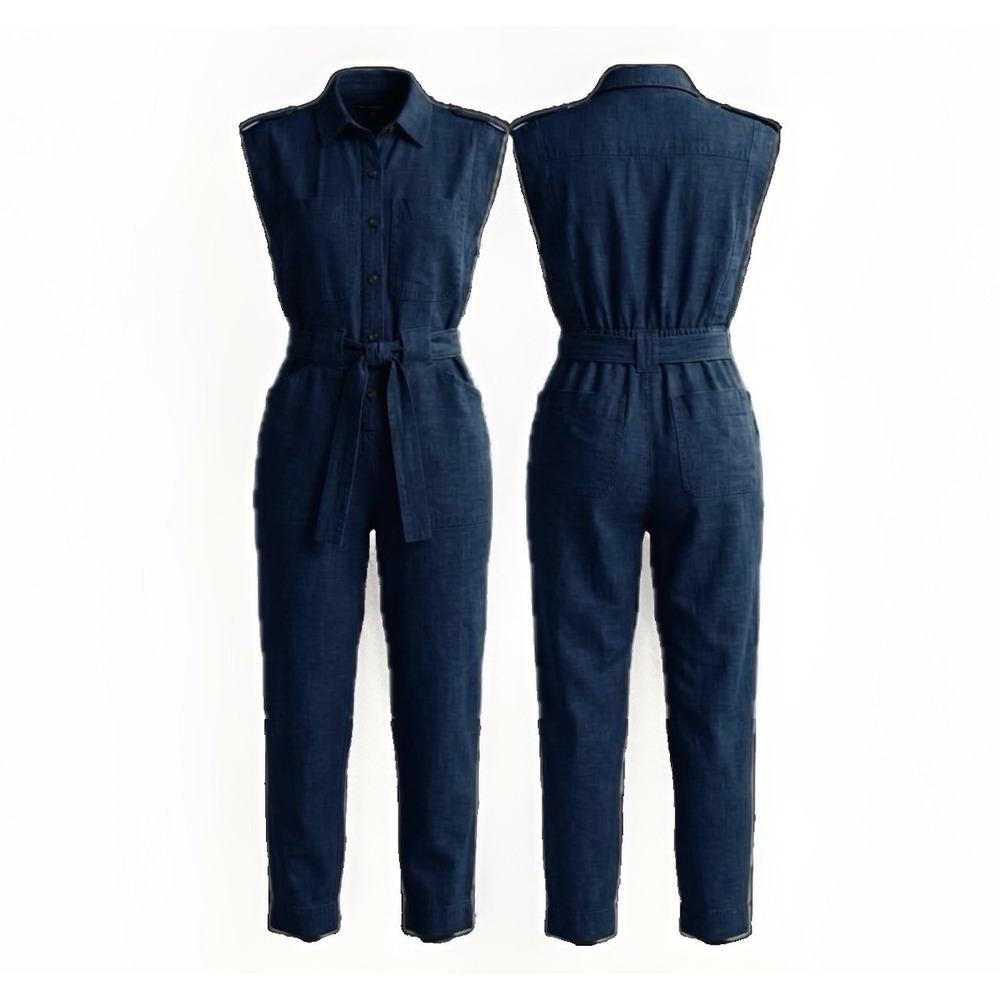 Banana Republic Linen Denim Jump Suit M Dark Blue Belted Crop Utility Flight 80s